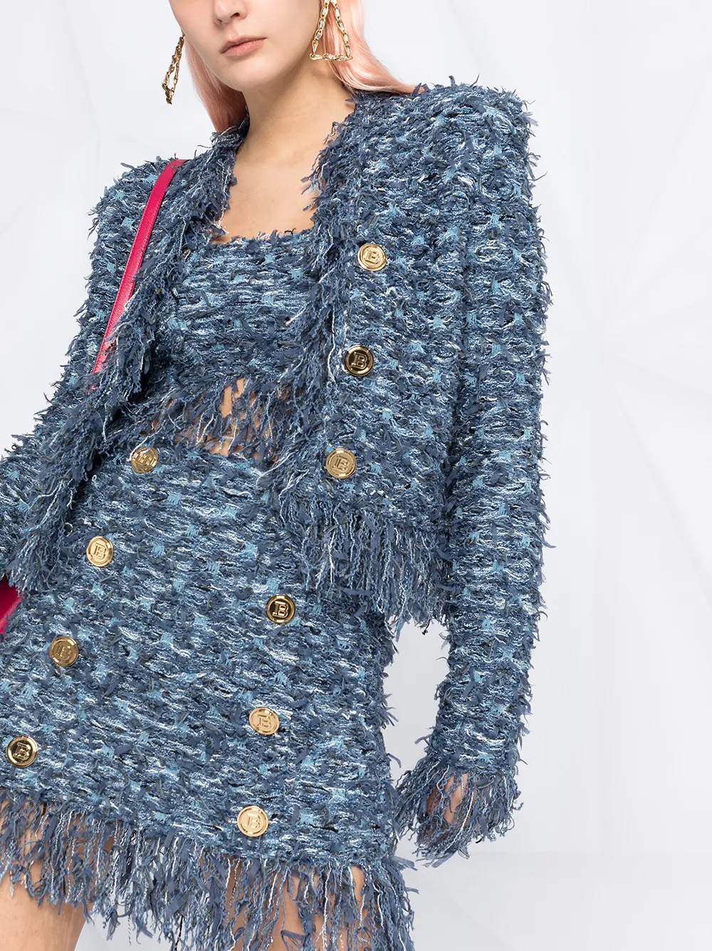 фото Balmain твидовая юбка с бахромой