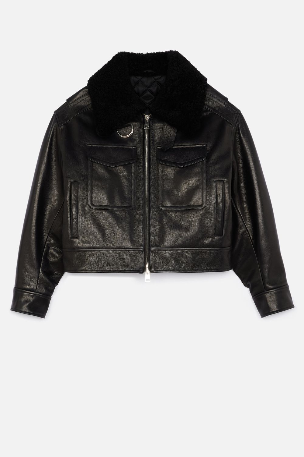 Shearling Collar Grained Leather Jacket AMI PARIS OFFICIAL