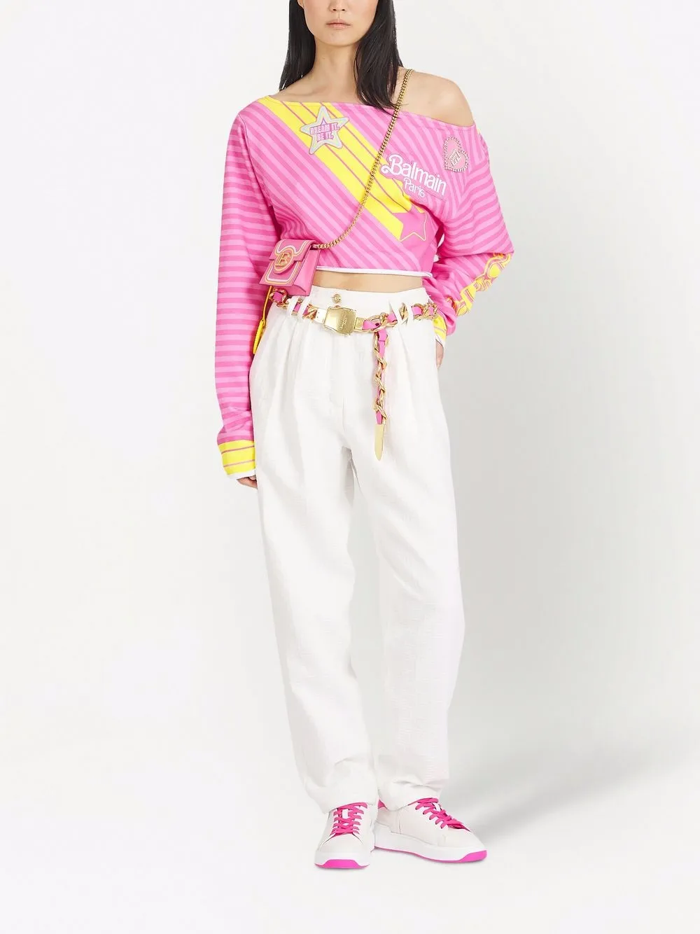фото Balmain укороченный топ с открытыми плечами из коллаборации с barbie