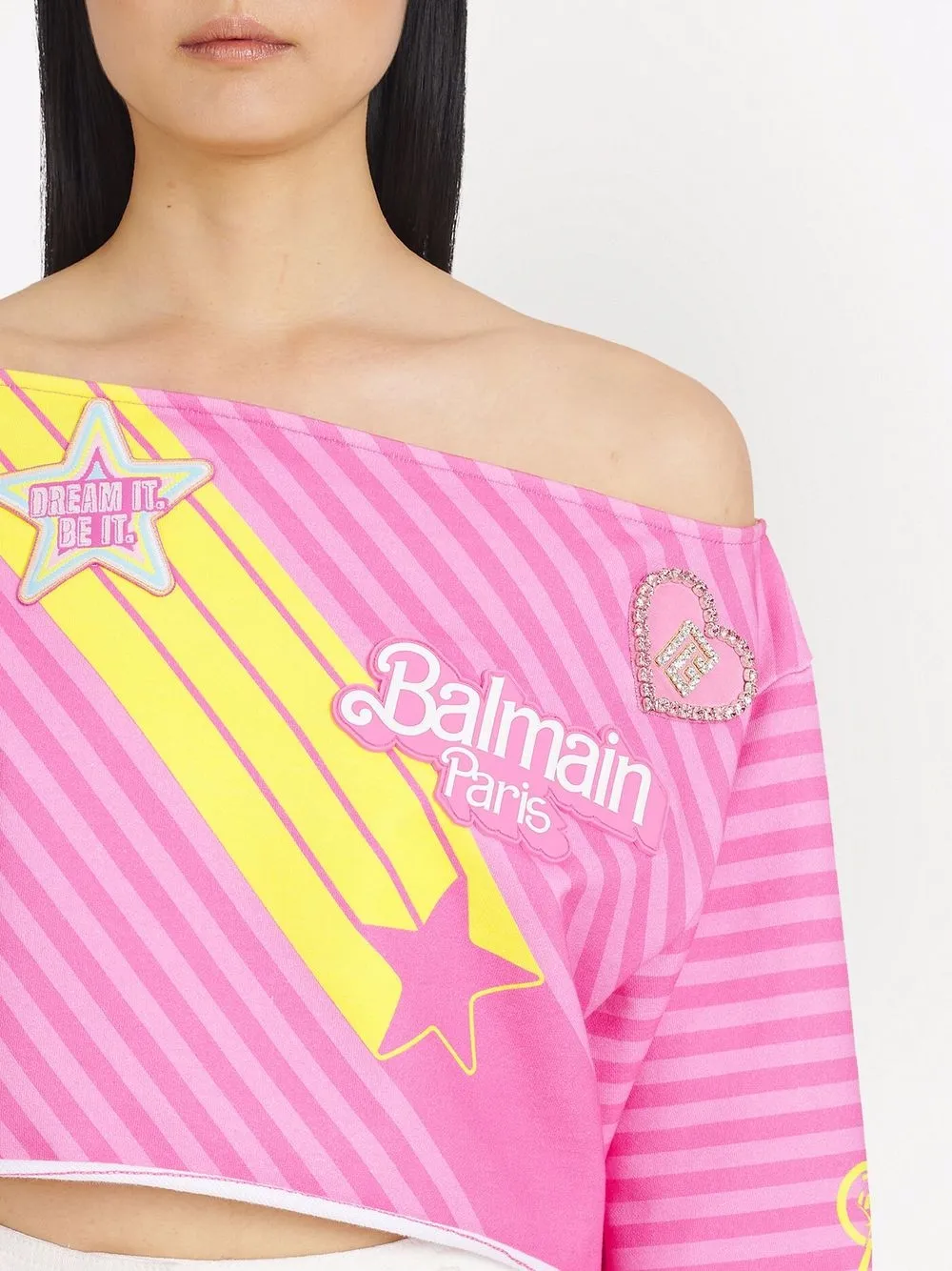 фото Balmain укороченный топ с открытыми плечами из коллаборации с barbie