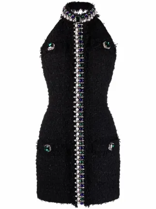 Balmain Jewelled Halterneck Tweed Dress Farfetch