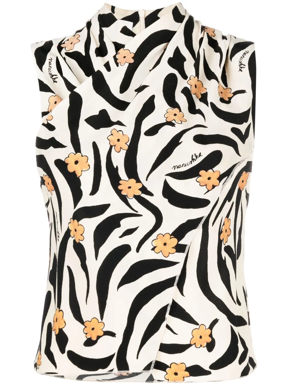 Nanushka animal-print floral wrap top - Neutrals
