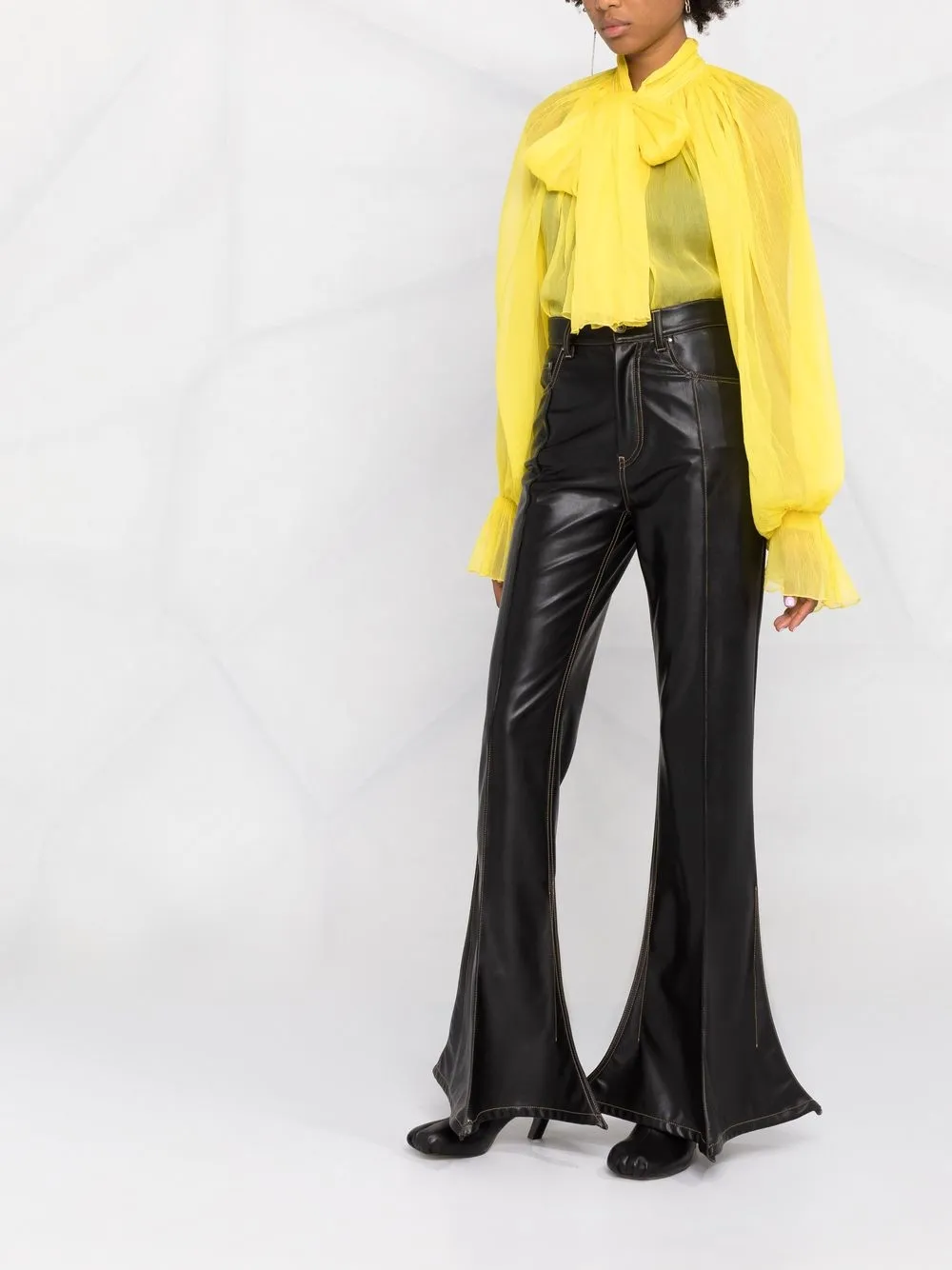 Atu Body Couture Pussy Bow Silk Sheer Blouse Yellow FARFETCH