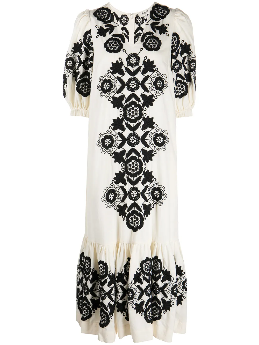 Sea floral-embroidered puff-sleeve dress - White