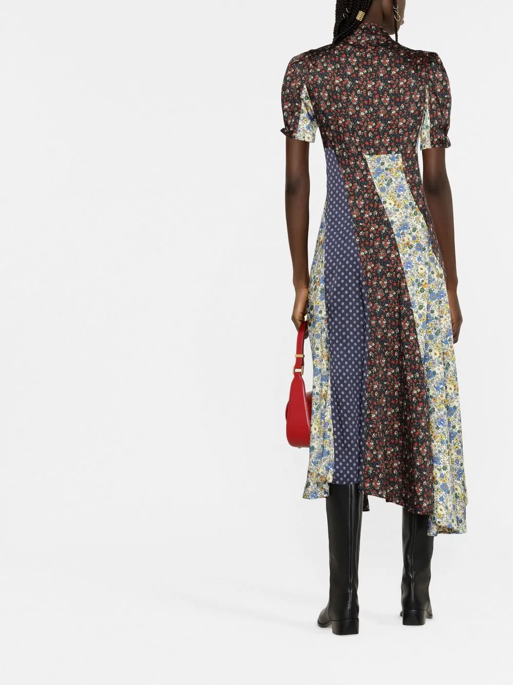 Sandro Nilana Patchwork Pussy Bow Woven Midi Dress In Multi Color