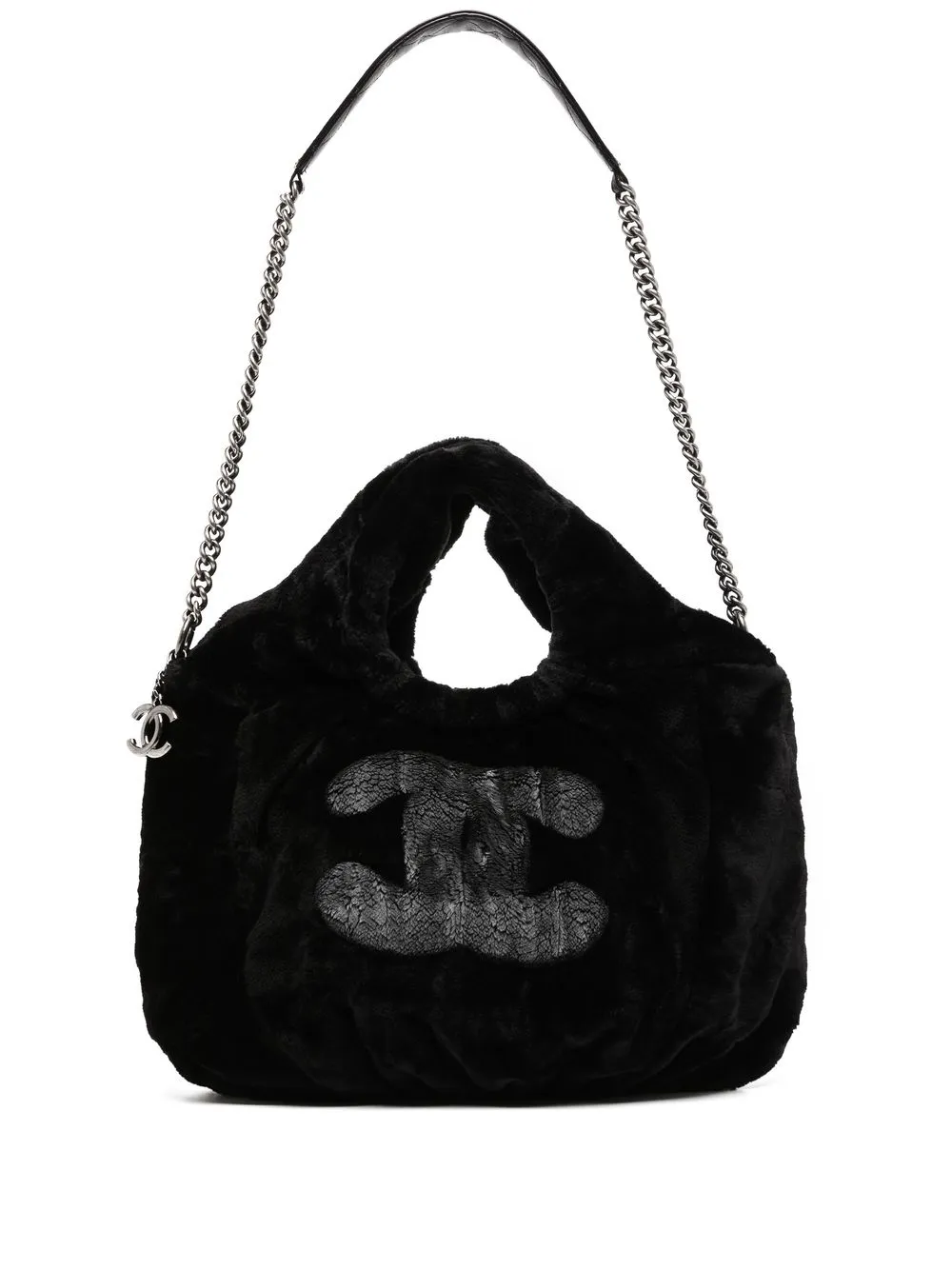 CHANEL Pre-Owned logo patch faux-fur two-way bag - Black