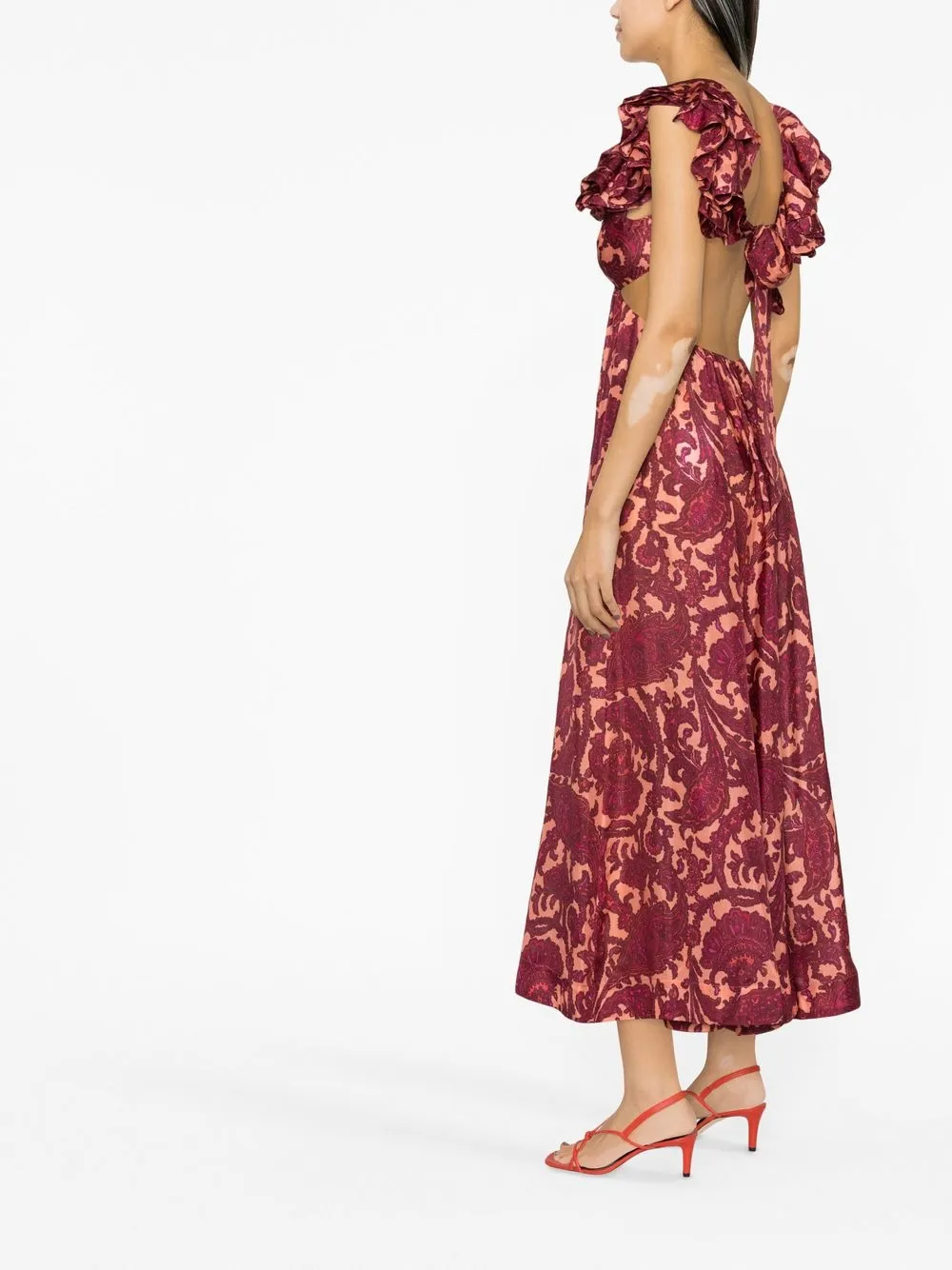 Zimmermann Tiggy Cutout Ruffled Paisley Print Silk Midi Dress In Orange