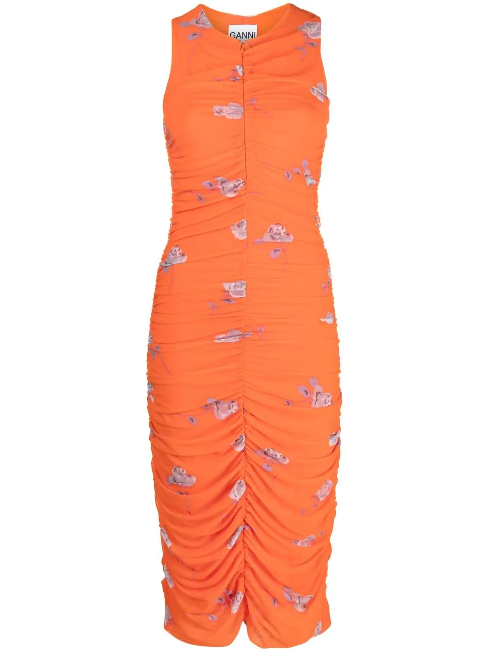 GANNI floral-print ruched midi dress - Orange
