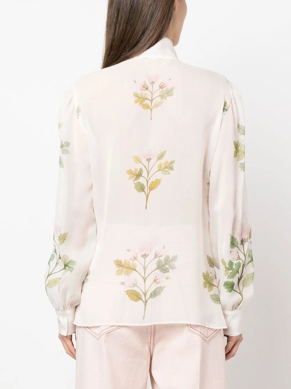 Giambattista Valli Floral Print Silk Pussy Bow Blouse In White ModeSens