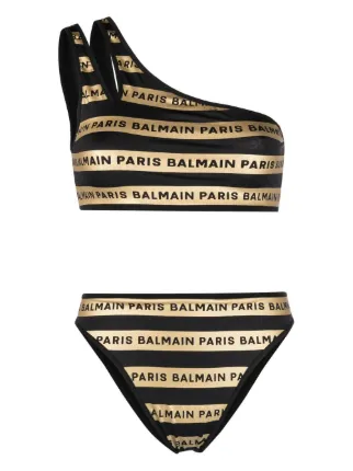 Balmain Logo Print One Shoulder Bikini Farfetch