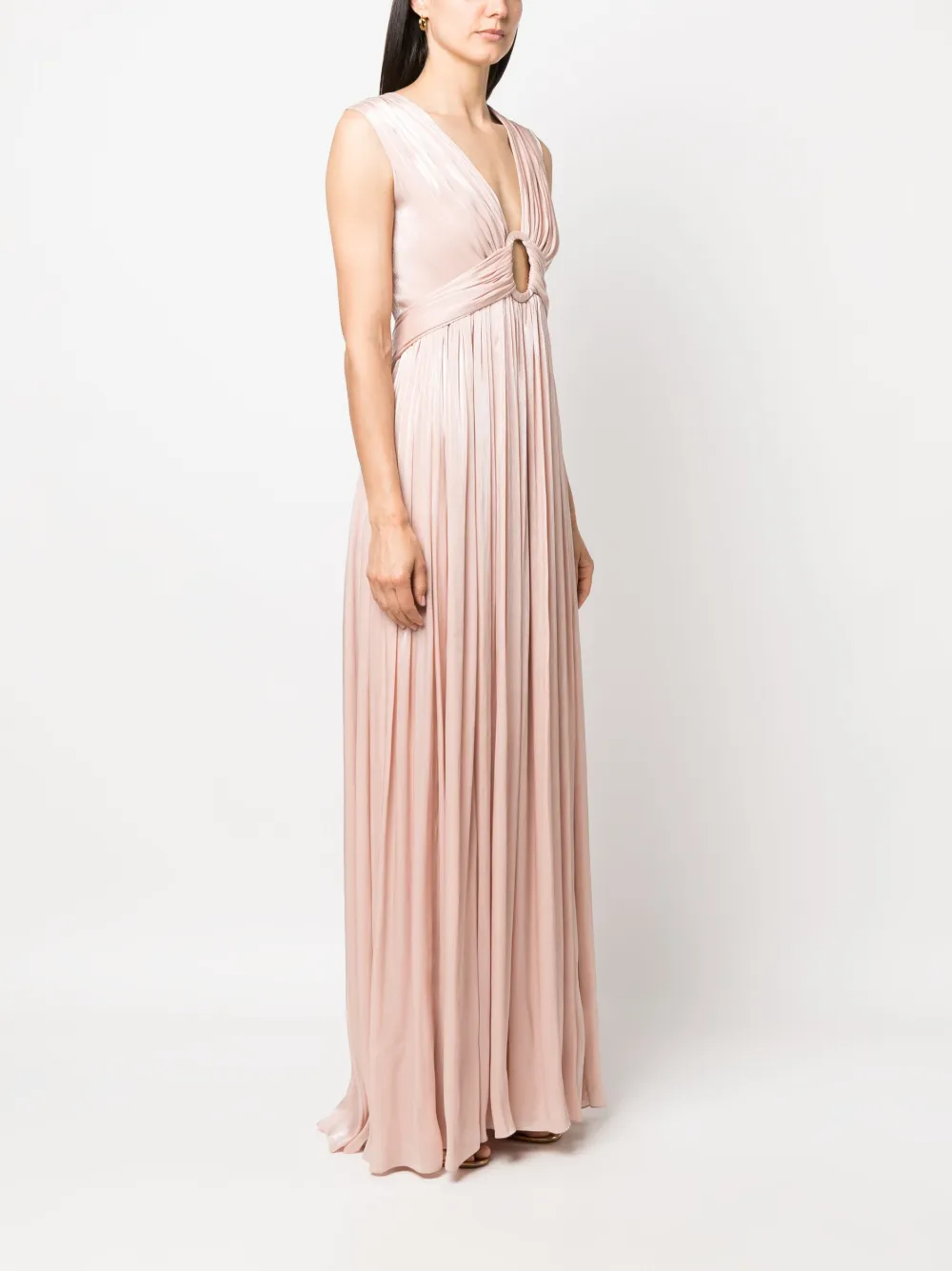 Costarellos Pleated Satin Maxi Dress In Nude Modesens