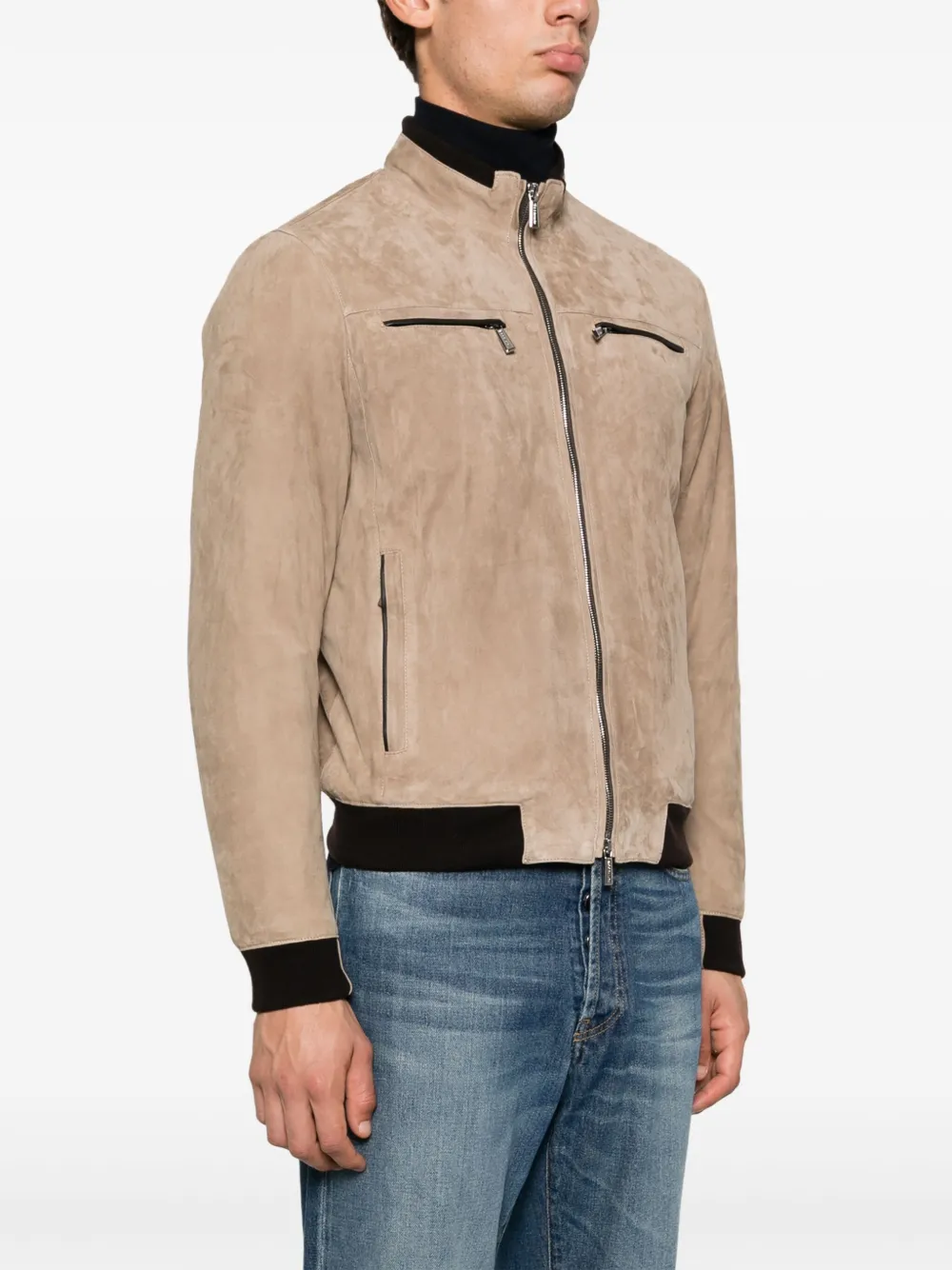 Moorer High Neck Lambskin Biker Jacket Neutrals FARFETCH