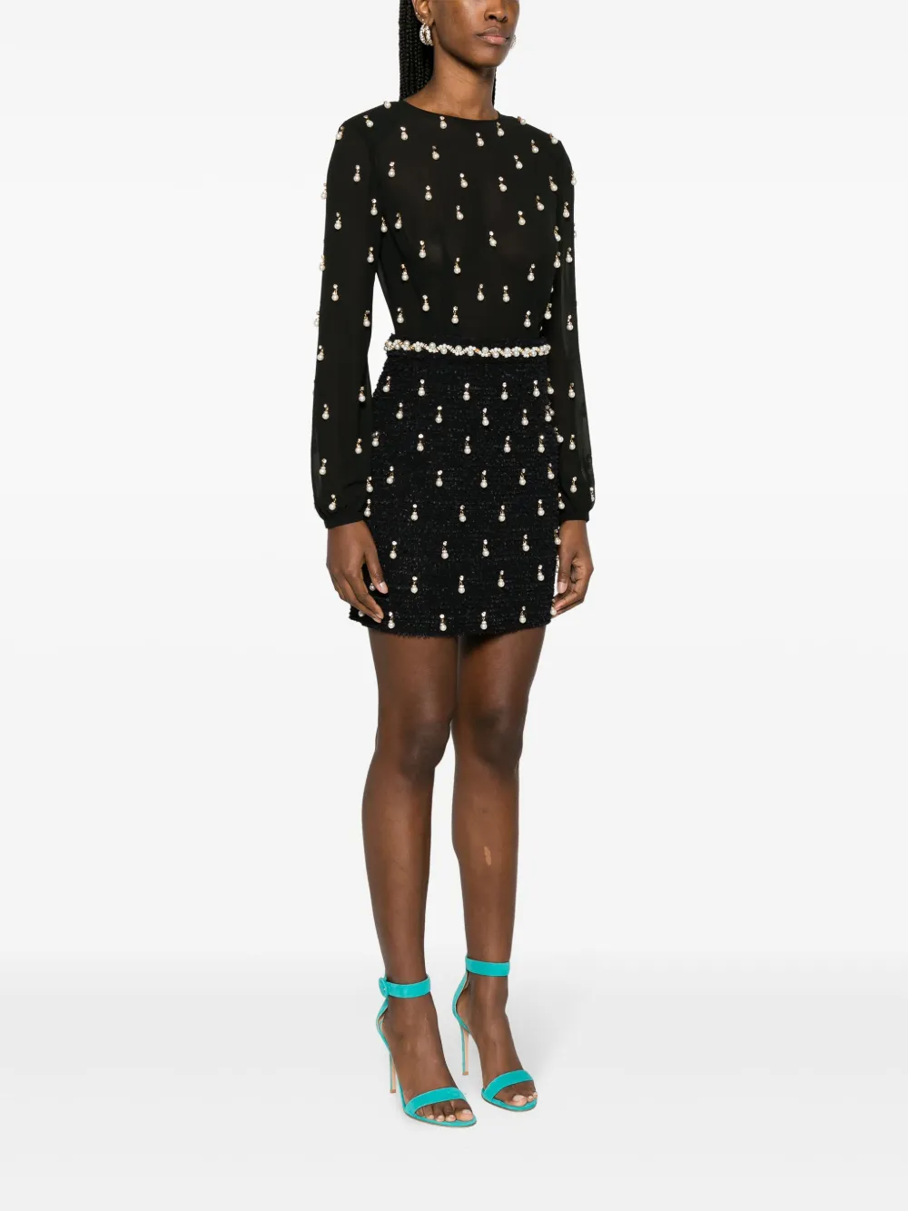 Elisabetta Franchi Pearl Embellished Tweed Minidress Black Farfetch