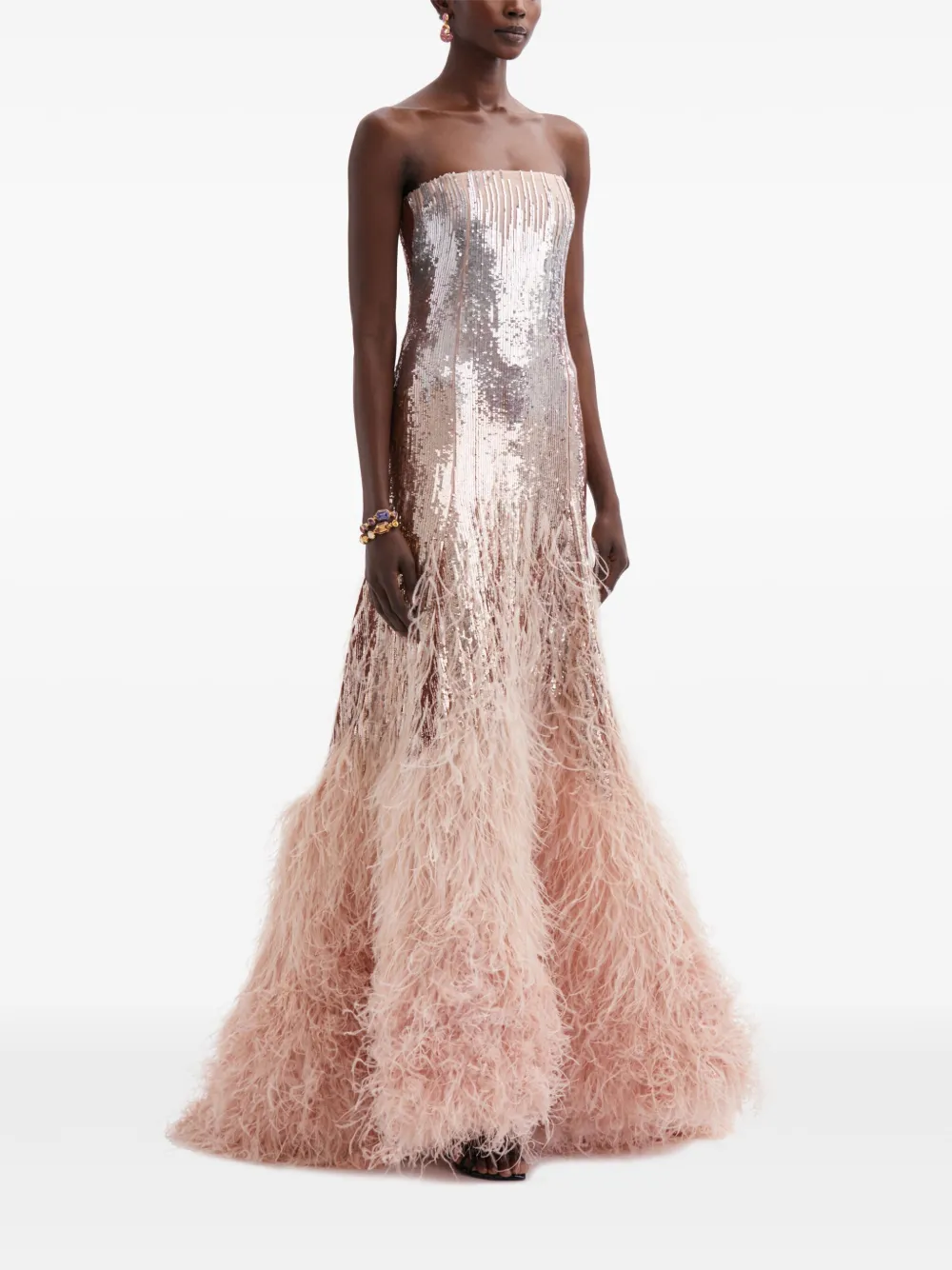 Oscar De La Renta Sequined Feather Trim Gown Pink Farfetch Qa