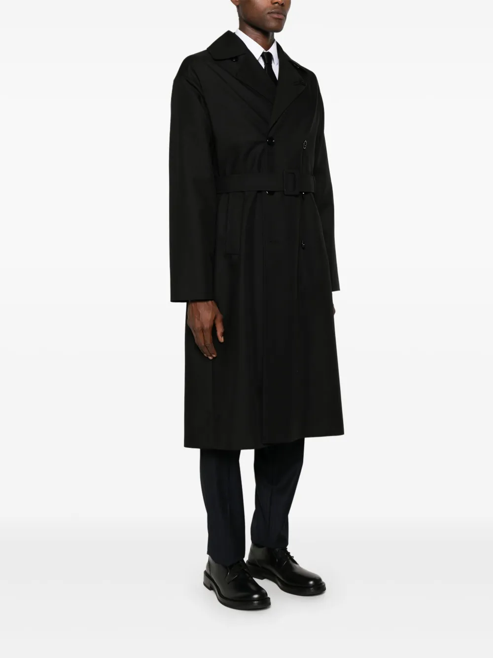 Lardini Belted Double Breasted Trench Coat Black Farfetch Uk