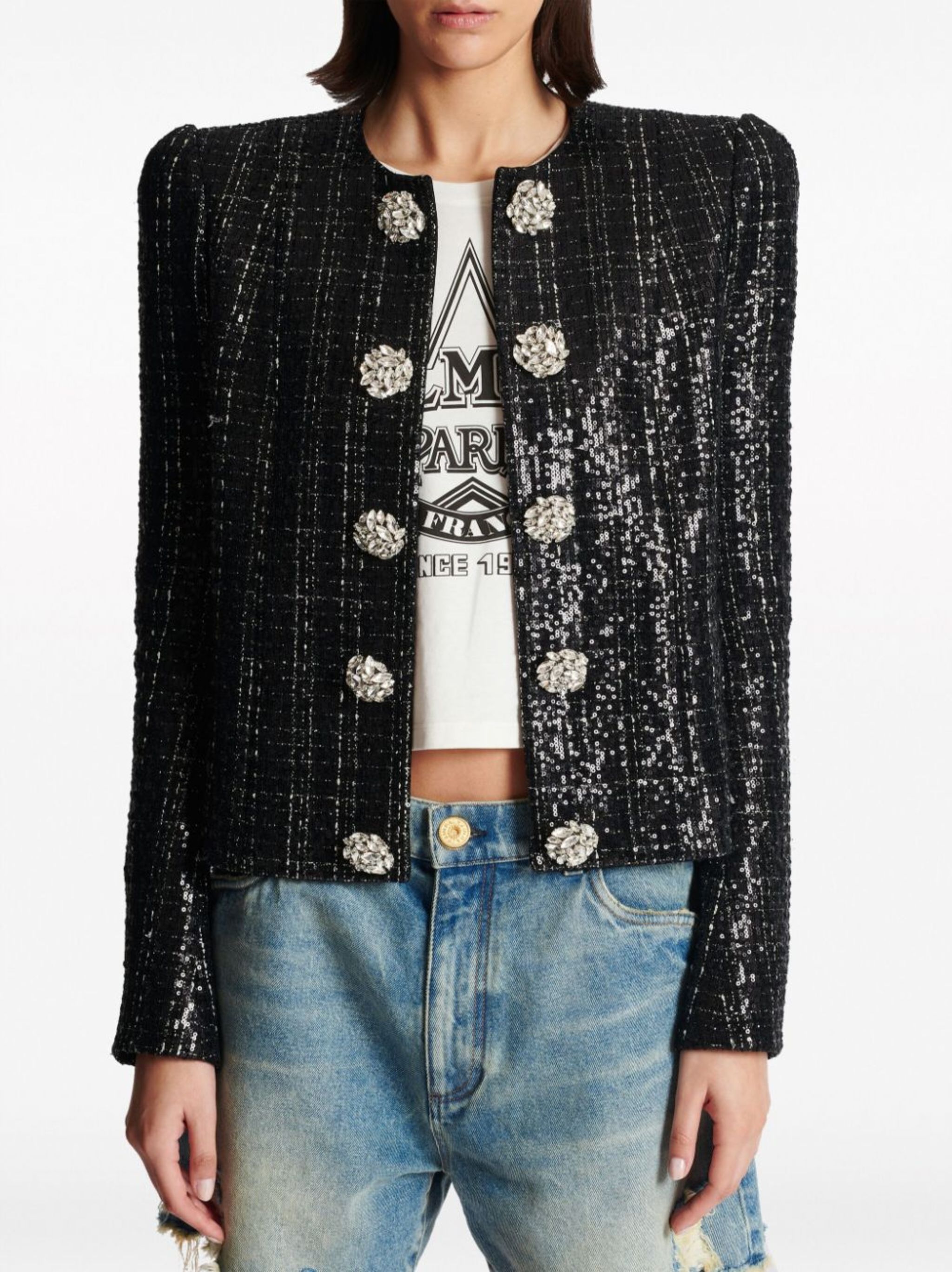 Balmain Sequin Embellished Tweed Jacket Eraldo Us