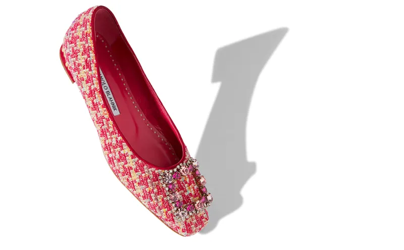pink tweed crystal buckle flats