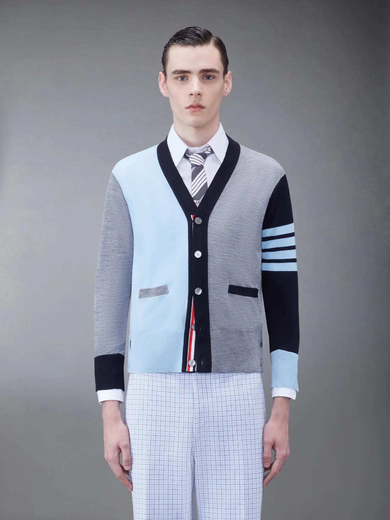 Funmix Wool Bar V Neck Cardigan Thom Browne