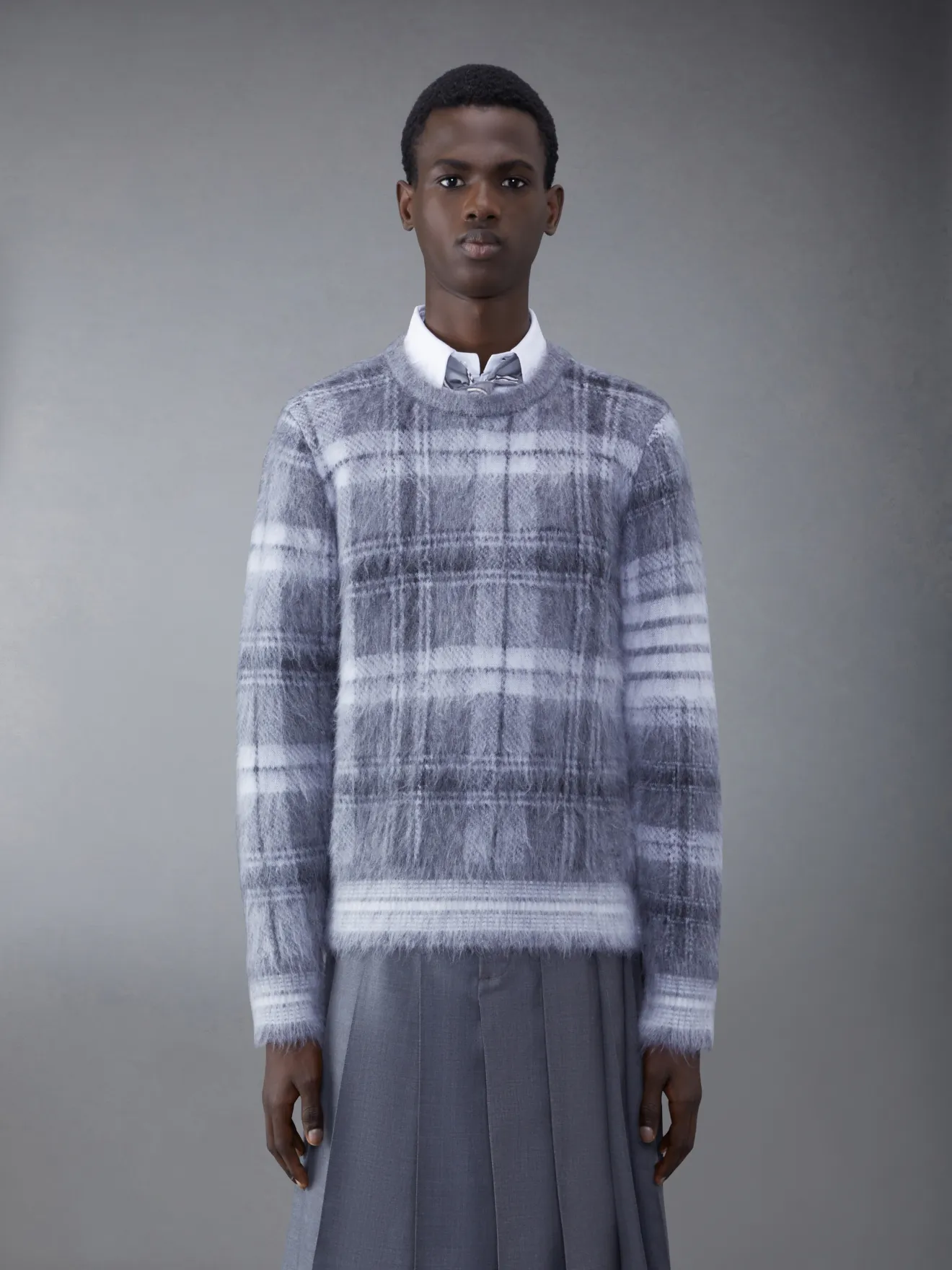 Tartan Mohair Check Bar Crew Neck Pullover Thom Browne