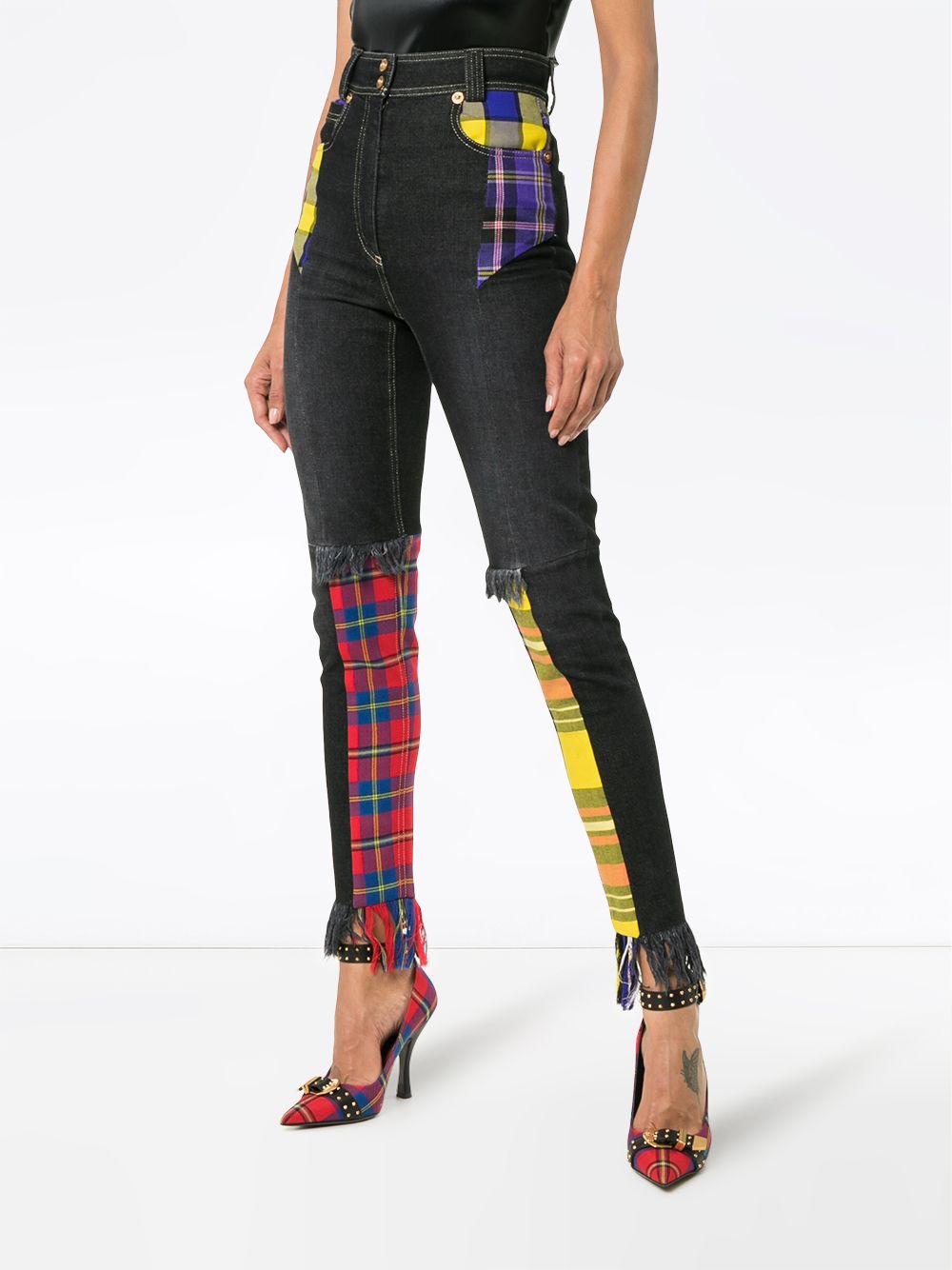 фото Versace джинсы с высокой талией и клетчатыми нашивками
