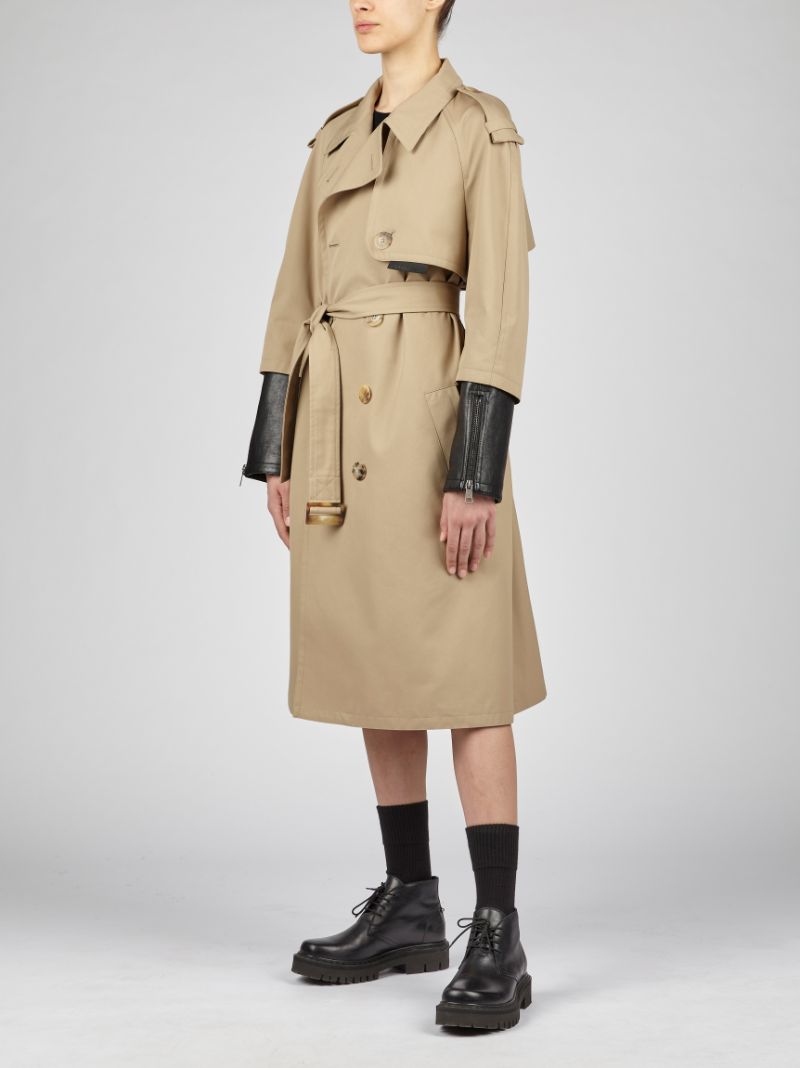 Double Breasted Tech Cotton Trench Coat With Leather Forearm