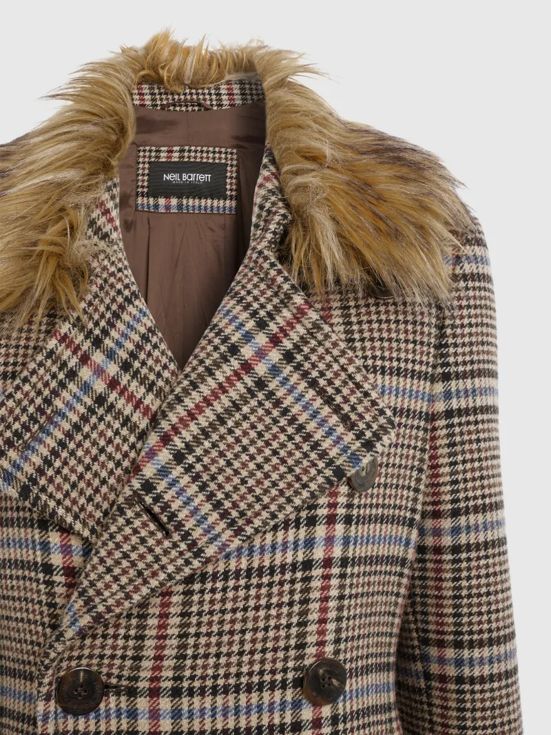 checked coat with fur collar