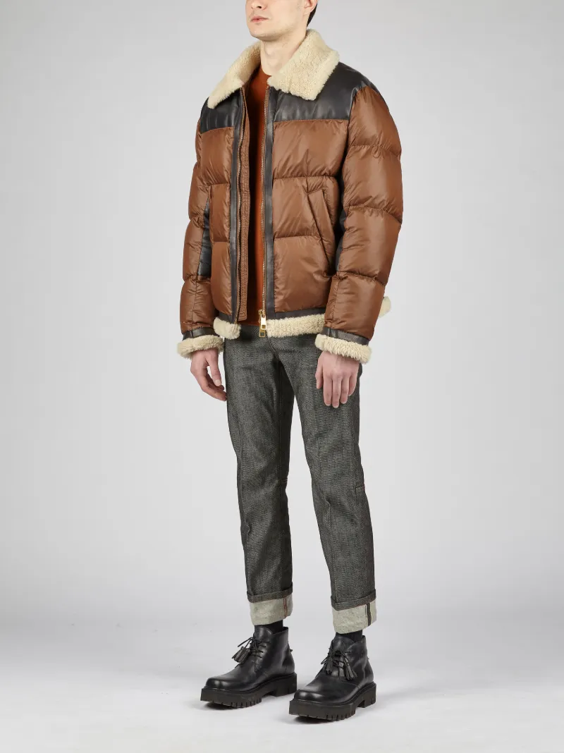 puffer jacket with leather shoulders