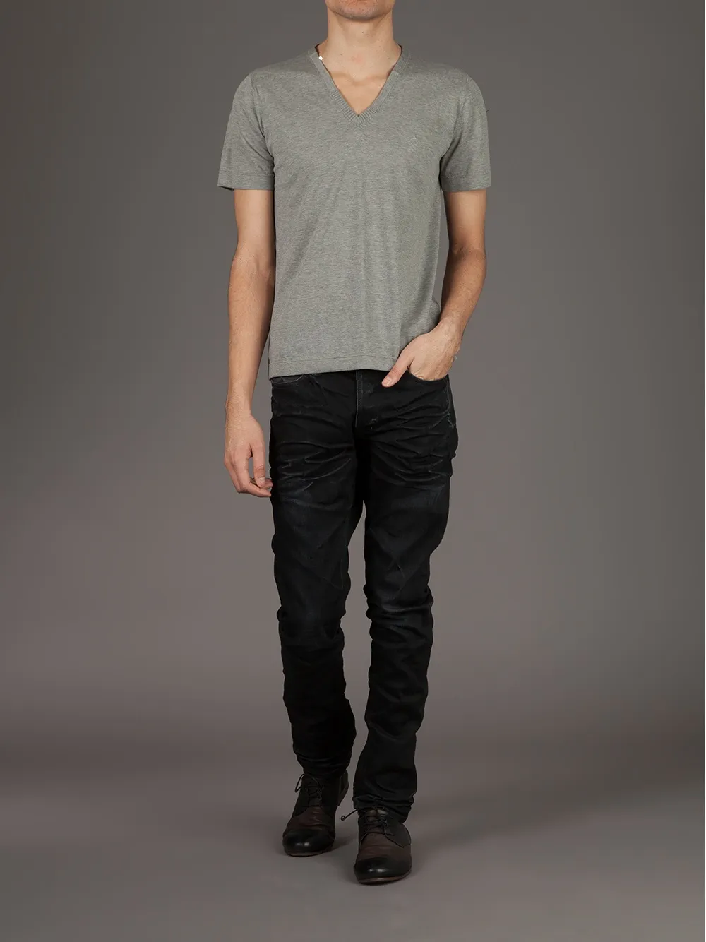  Side Slope V Neck T Shirt   Grau 