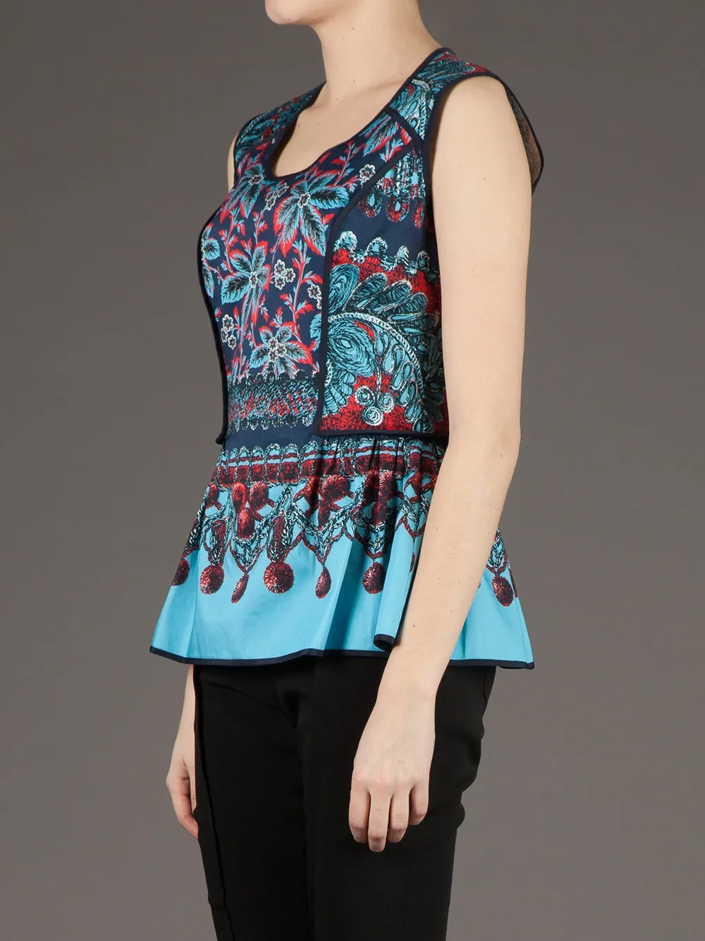 Linda Farrow Floral Print Peplum Top In Blue