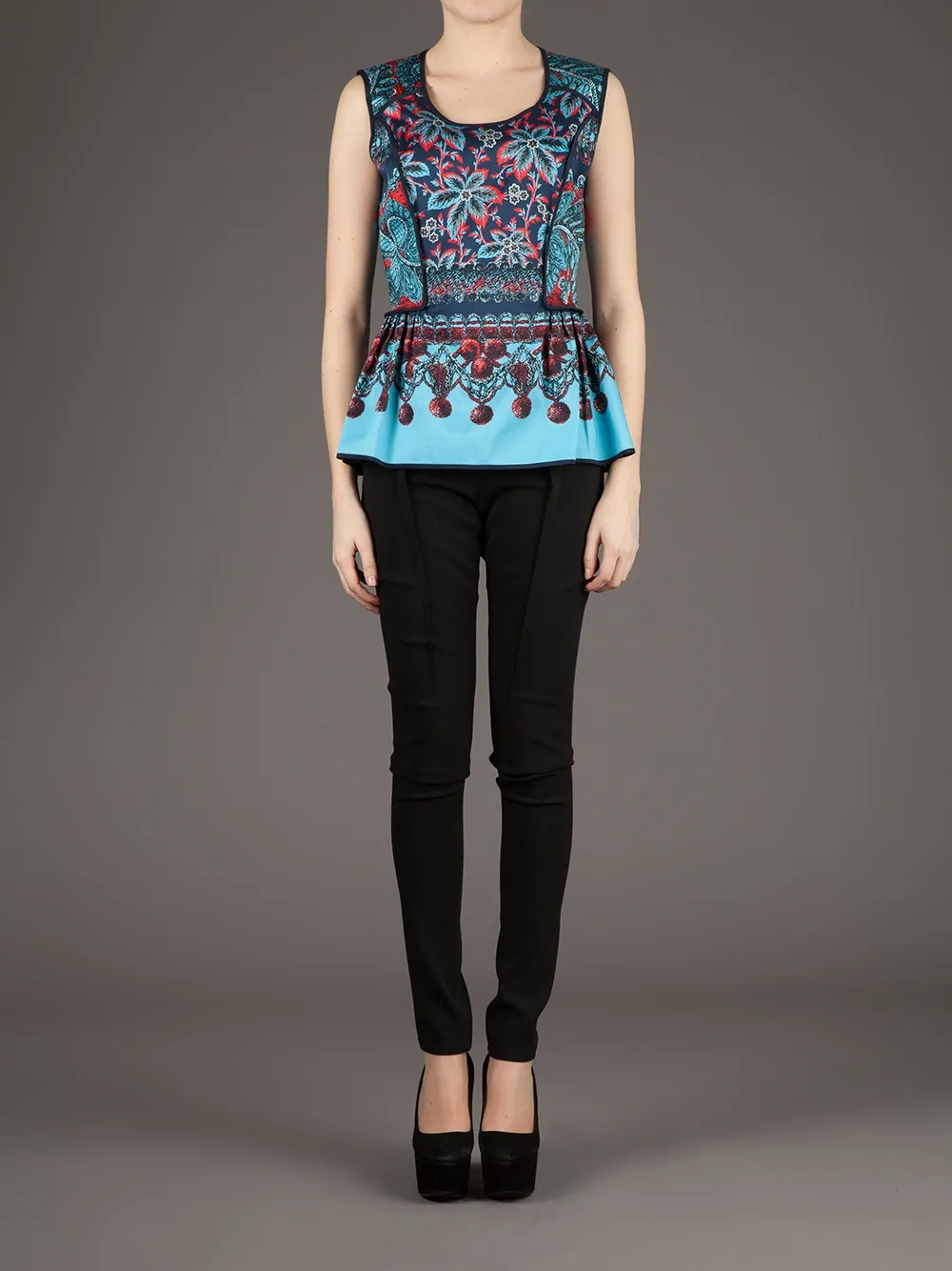 Linda Farrow Floral Print Peplum Top In Blue