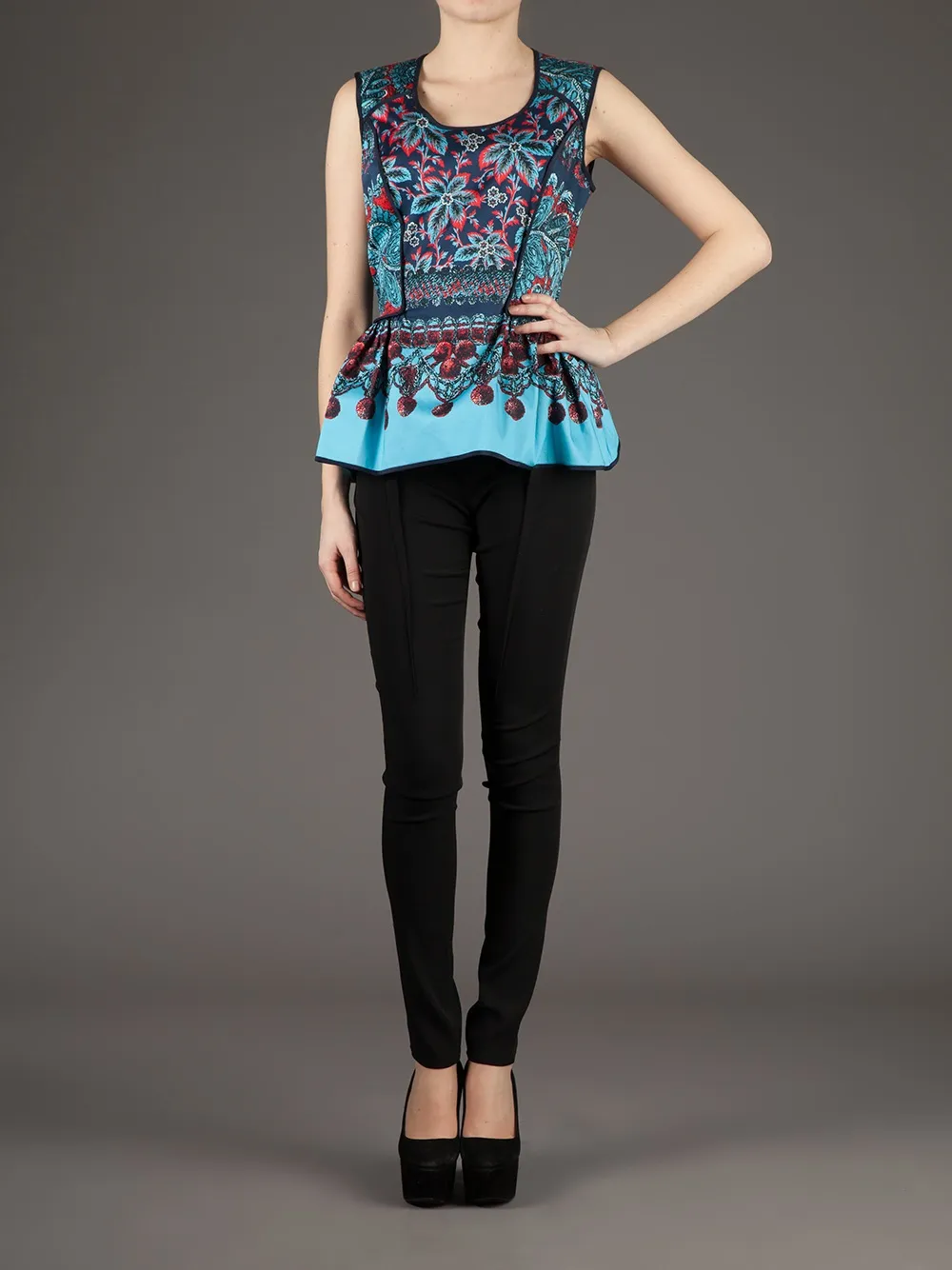 Linda Farrow Floral Print Peplum Top In Blue