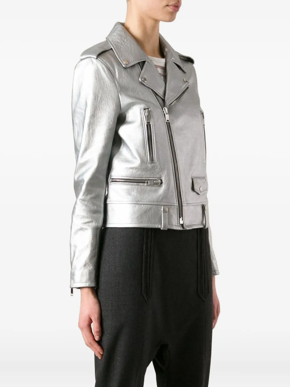 Saint Laurent Leather Biker Jacket In Multi
