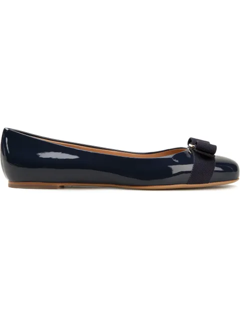 Click to view more detailed imagery on our partner's website Salvatore Ferragamo Varina Studded Bow-Embellished Patent-Leather Ballet Flats In Oxford Blue