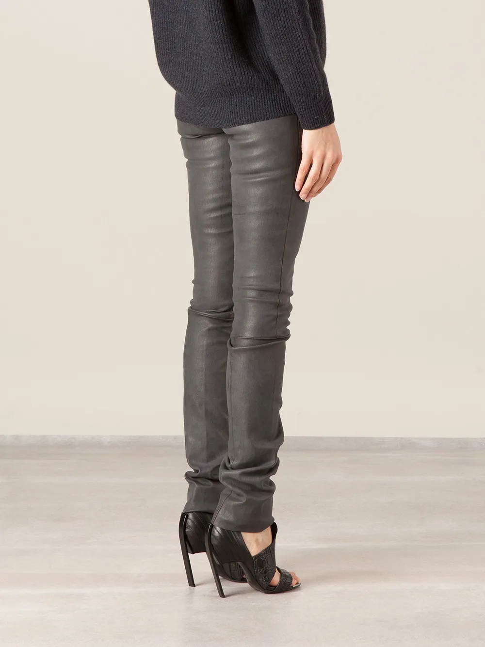 Stouls Slim Leather Trousers In Gray