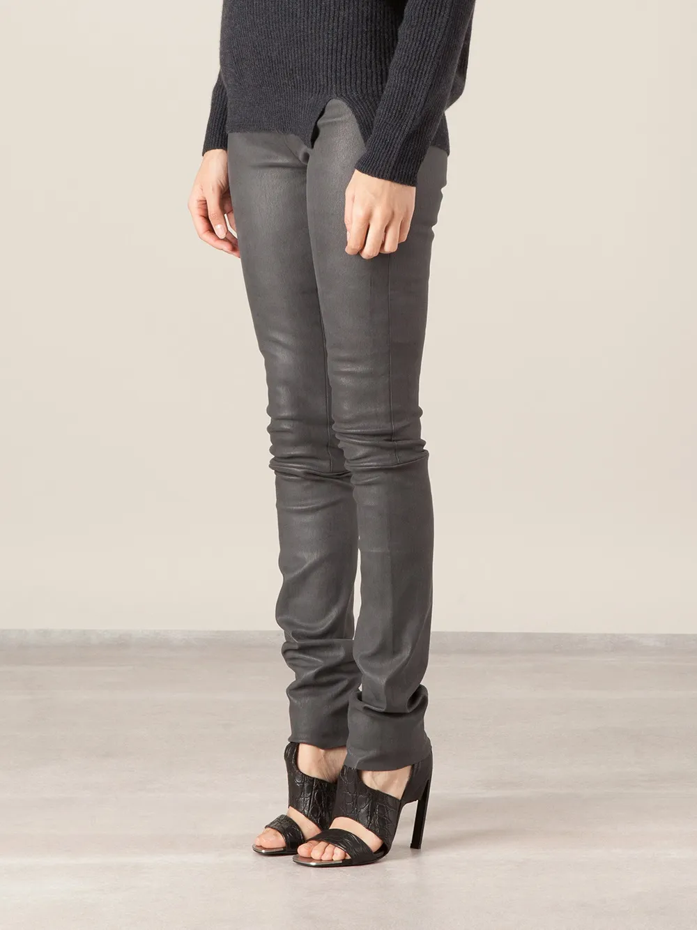 Stouls Slim Leather Trousers In Gray