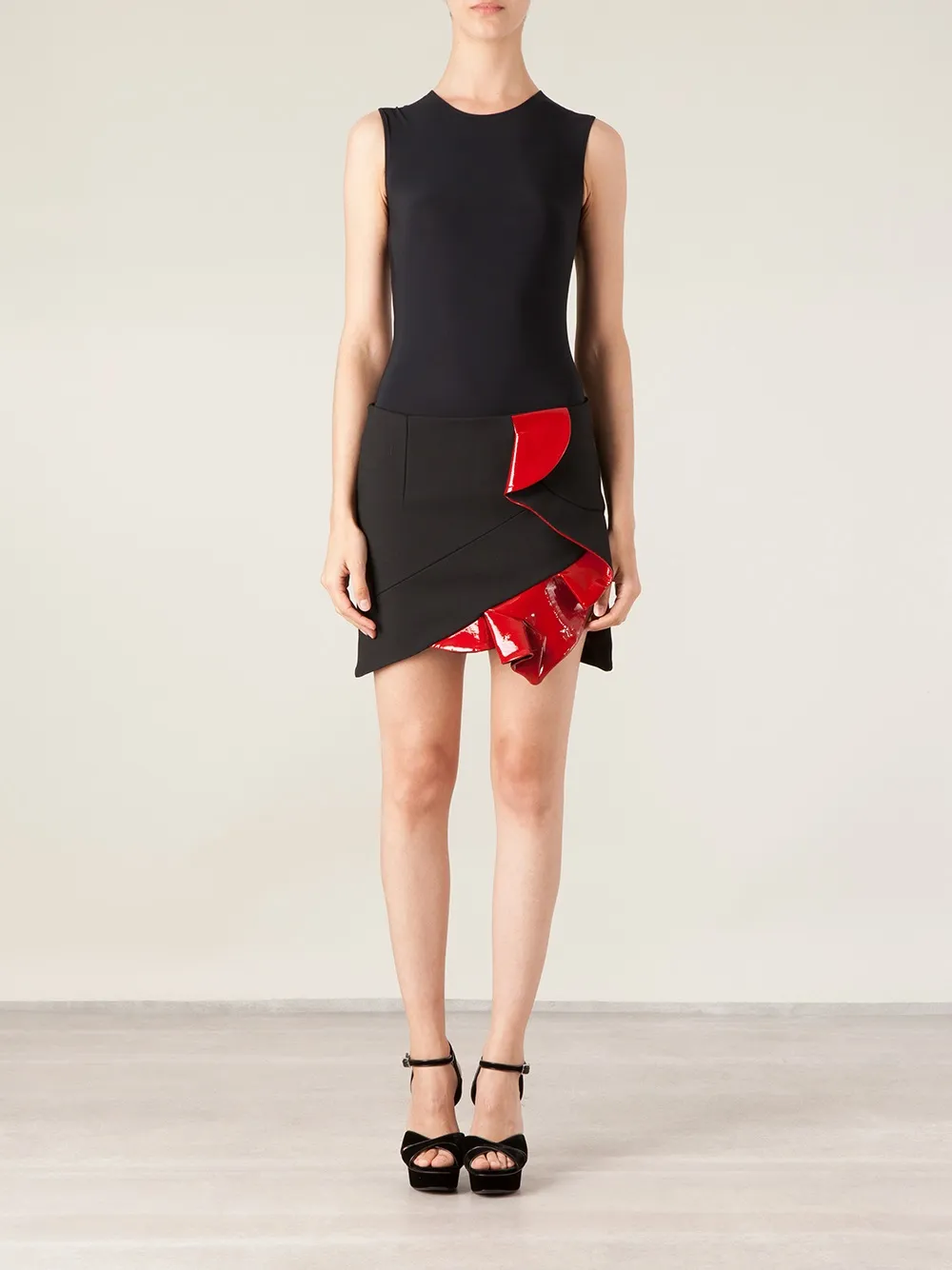 Anthony Vaccarello leather detail ruffle skirt - Zwart