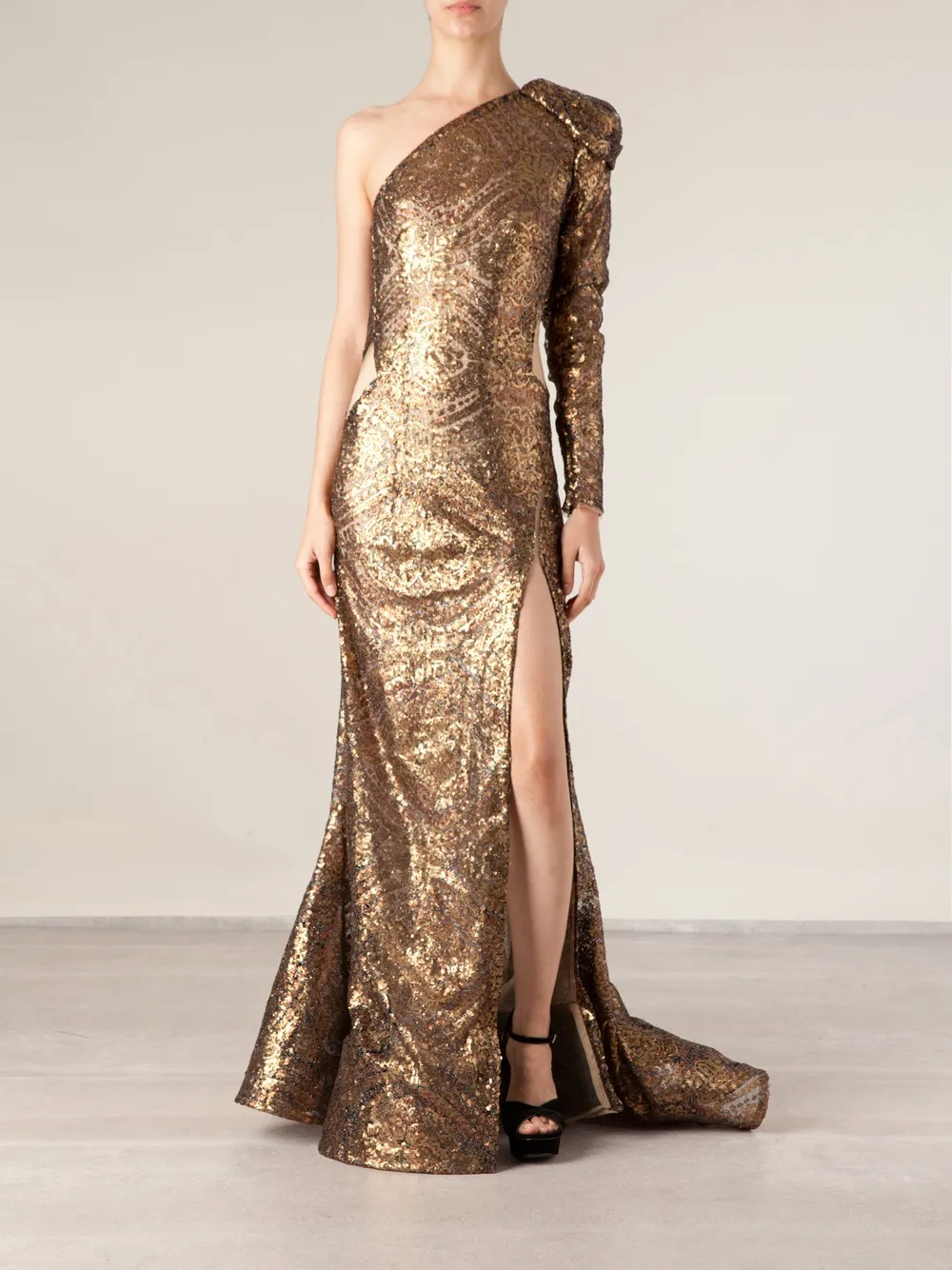Nedo By Nedret Taciroglu Sequin Gown In Brown