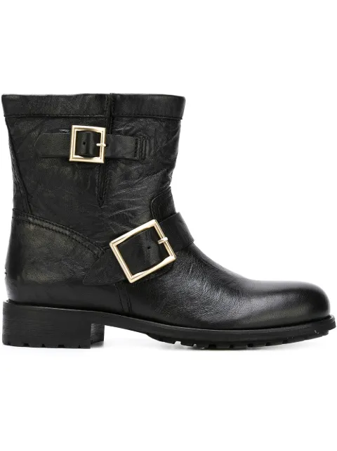 Click to view more detailed imagery on our partner's website Jimmy Choo Youth Biker Style Ankle Boots In Satined Leather With Maxi Metallic Buckles In Black