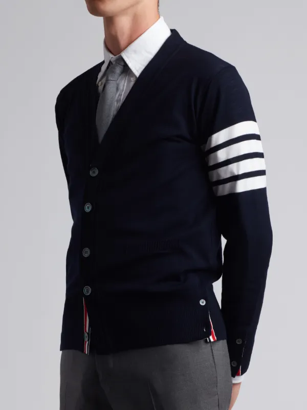V-Neck Cardigan With 4-Bar Stripe In Navy Blue Merino