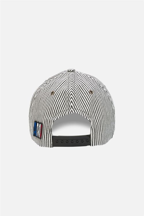 black and white striped baseball cap