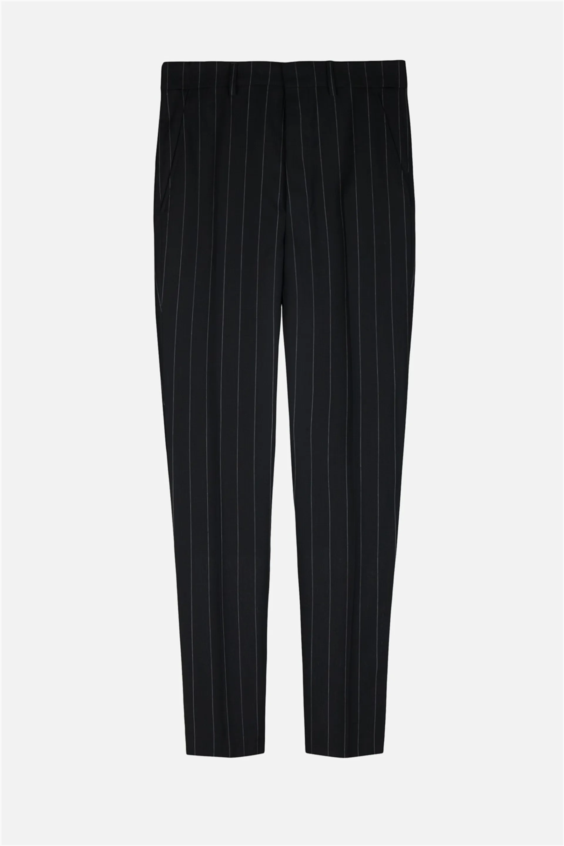 black and white pinstripe trousers