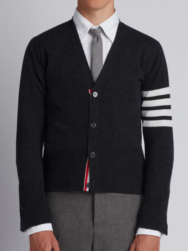 V-Neck Cardigan With 4-Bar Stripe In Dark Grey Cashmere