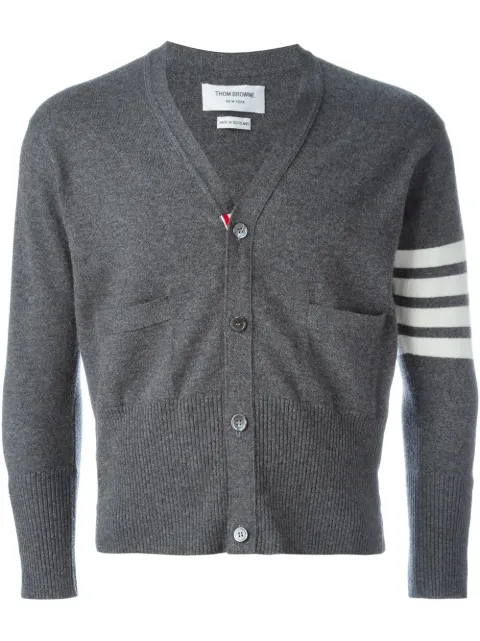 Thom Browne Short V-Neck Cardigan With 4-Bar Stripe In Medium Grey Cashmere