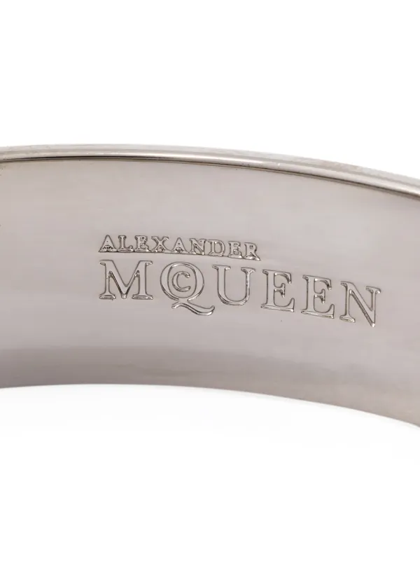 Alexander McQueen ブラック レザー バングル、ゴールド スカル