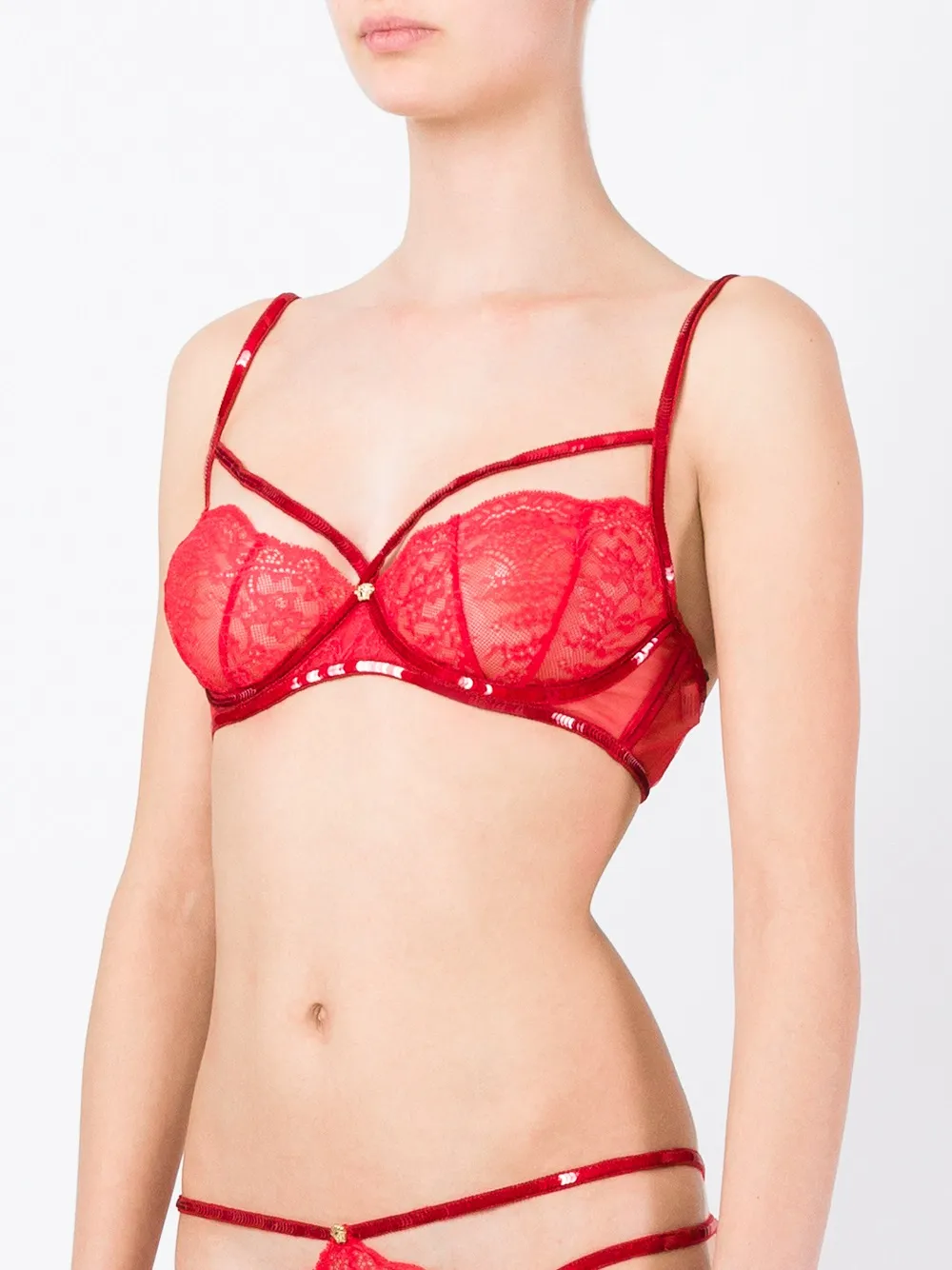 Versace 'peek-a-boo' Scalloped Lace Bra In Red