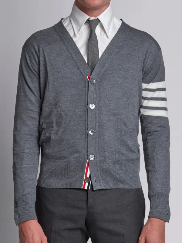 V-Neck Cardigan With 4-Bar Stripe In Medium Grey Merino