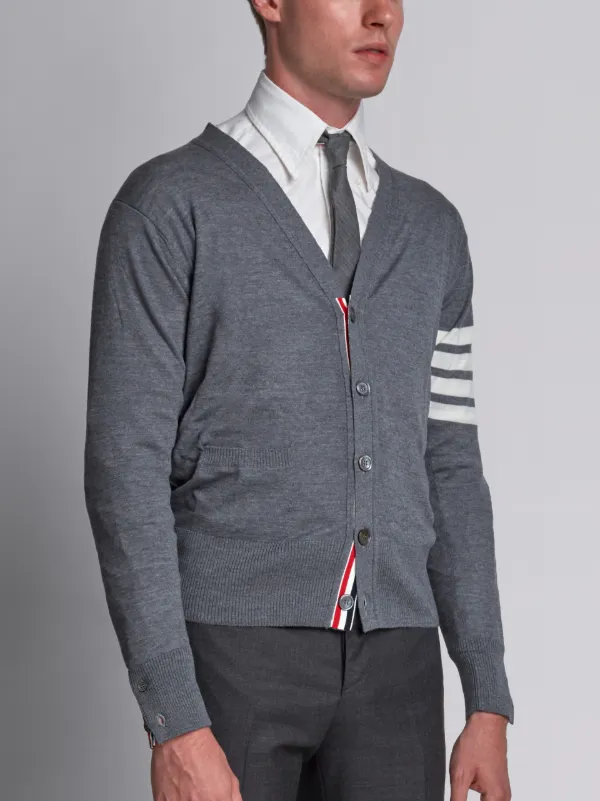 V-Neck Cardigan With 4-Bar Stripe In Medium Grey Merino