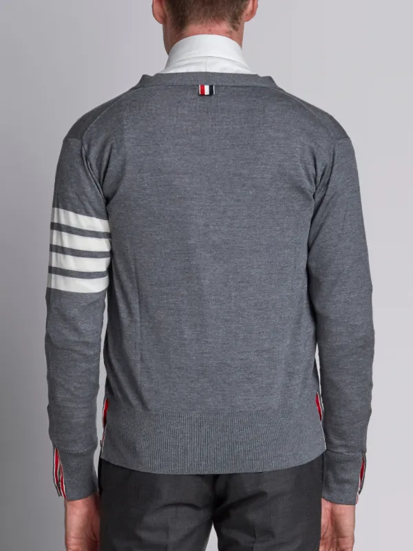 V-Neck Cardigan With 4-Bar Stripe In Medium Grey Merino