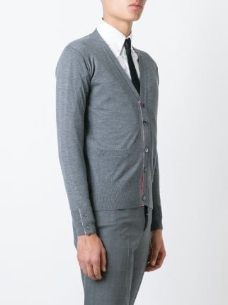 灰色羊毛4条纹饰V领开衫展示图