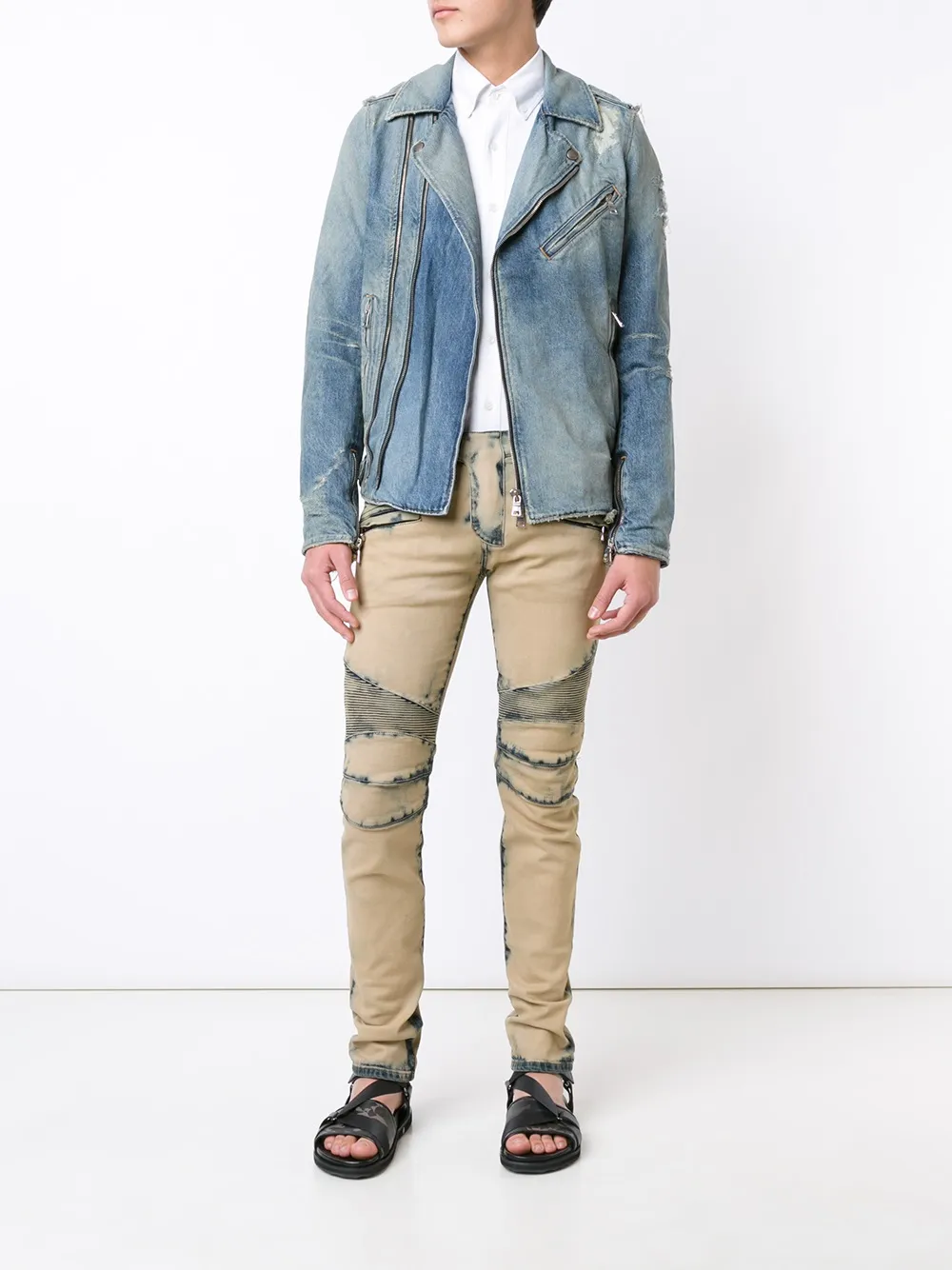 Balmain destroyed denim biker jacket Blauw